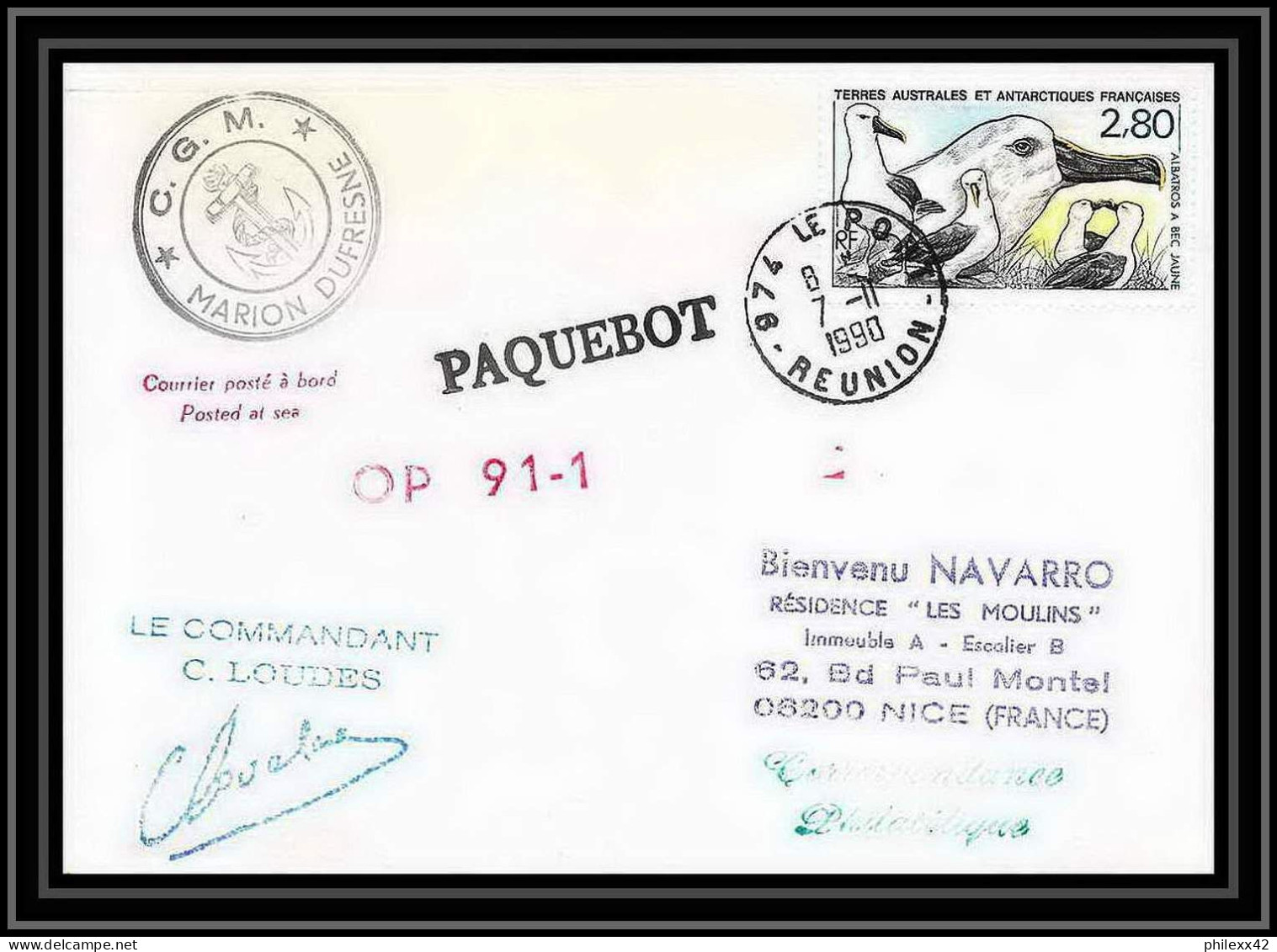1721 Op 91/2 Marion Dufresne 7/11/1990 Signé Signed Loudes TAAF Antarctic Terres Australes Lettre (cover) - Spedizioni Antartiche