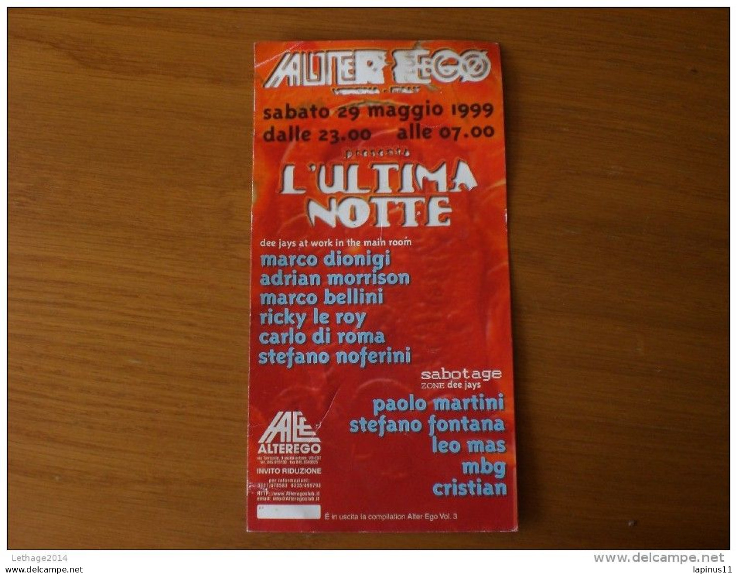 BIGLIETTO D INGRESSO DISCOTECA ALTEREGO 1999 - Tickets - Vouchers