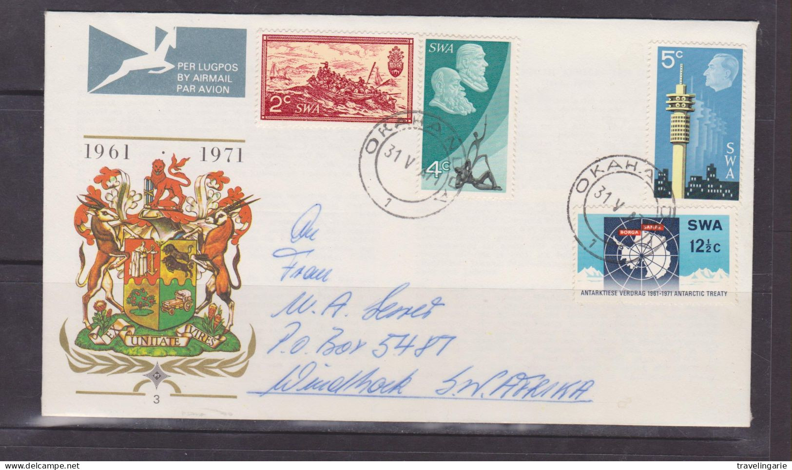 South West Africa 1971 10th Anniversary Of The Republic And Antarctic Treaty FDC Nr. 3  RARE OKAHANDJA Cancellation - South West Africa (1923-1990)