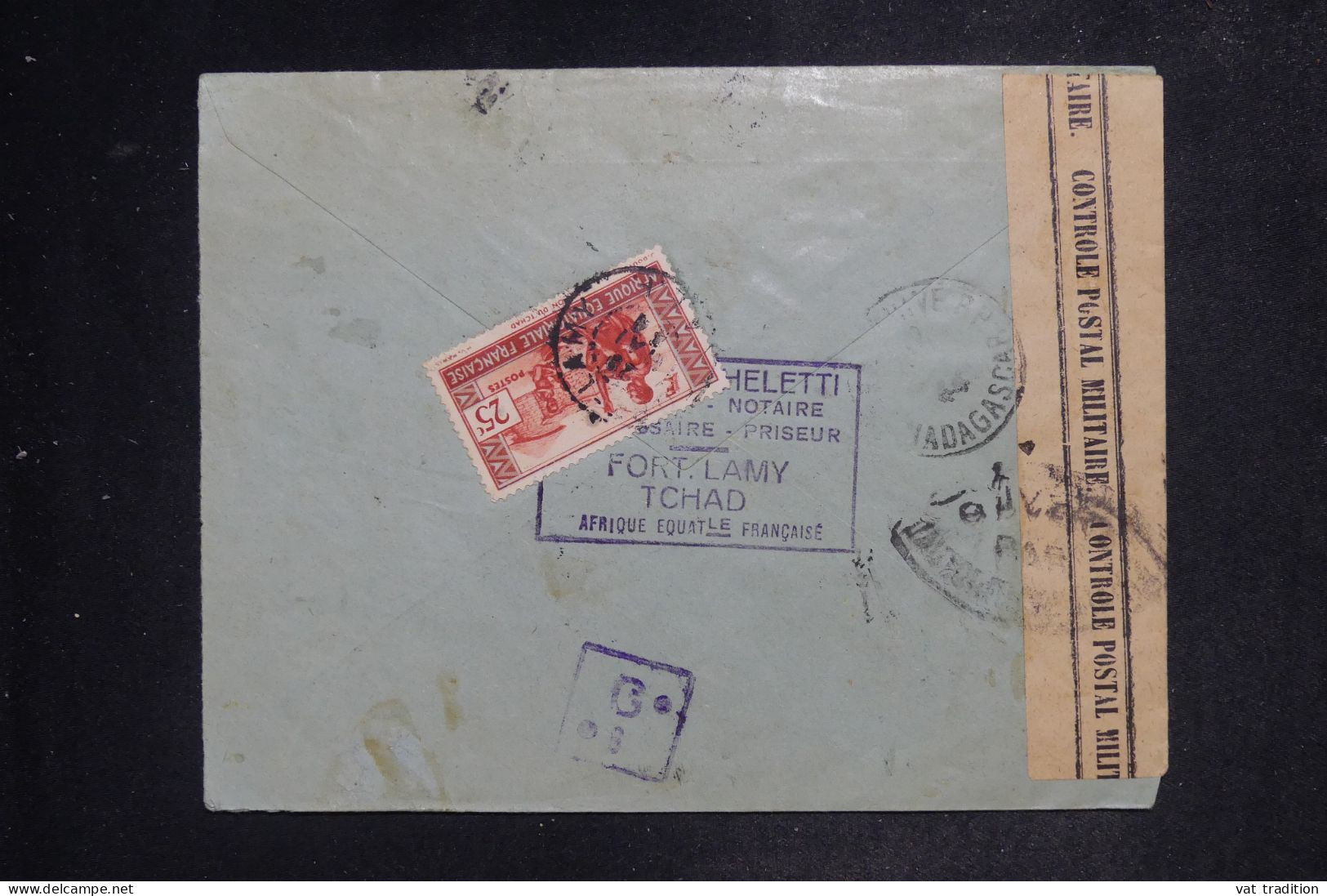 AEF - Enveloppe Du Gouvernement De Fort Lamy Pour Madagascar En 1944 Avec Contrôle Postal - L 151833 - Lettres & Documents