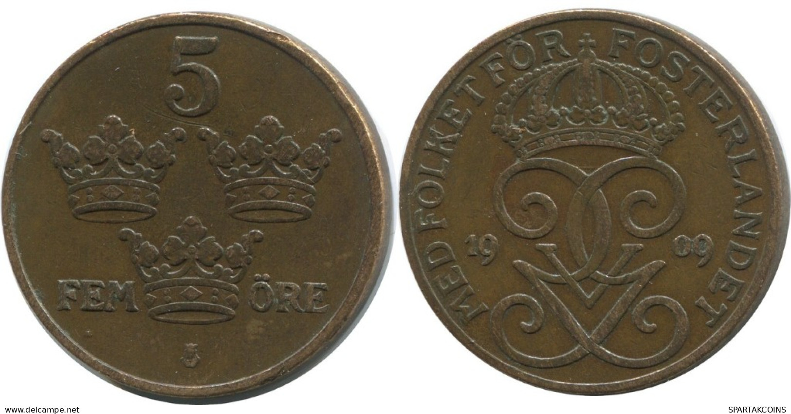 5 ORE 1909 SWEDEN Coin #AC553.2.U.A - Suède