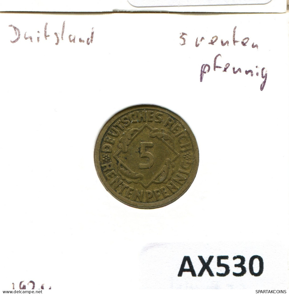 5 RENTENPFENNIG 1924 A ALEMANIA Moneda GERMANY #AX530.E.A - 5 Rentenpfennig & 5 Reichspfennig