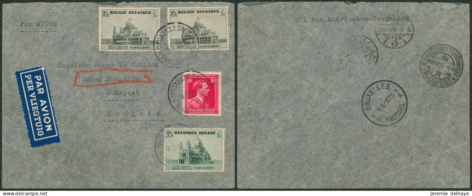 Affranch. Mixte Sur Lettre Par Avion De Bruxelles (1938) > Budapest (Hongrie) Hotel Hungaria - Briefe U. Dokumente
