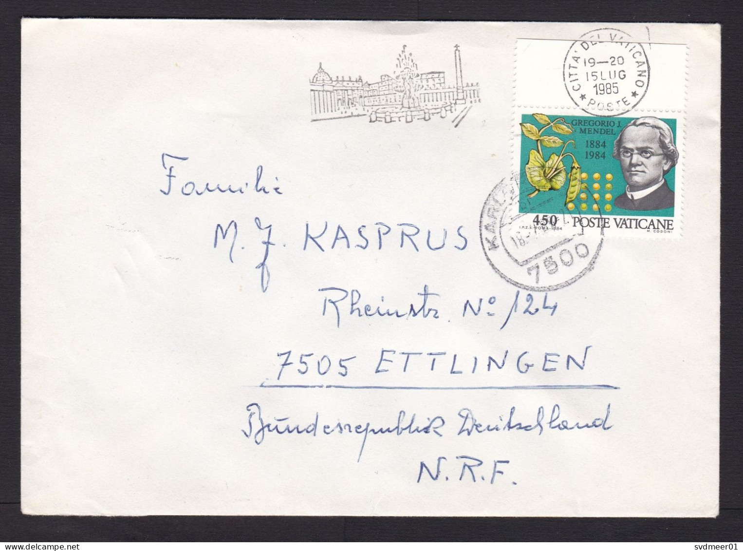 Vatican: Cover To Germany, 1985, 1 Stamp, Gregor Mendel, Biology, Genetics, Pea Experiment, Science (damaged At Back) - Briefe U. Dokumente