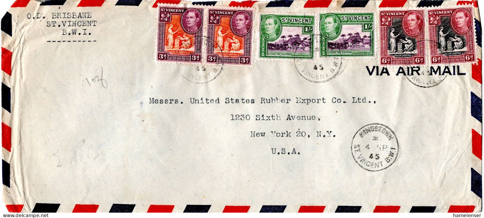 L77265 - St.Vincent - 1945 - 2@1'- KGVI MiF A LpBf KINGSTOWN -> New York, NY (USA) - St.Vincent (...-1979)