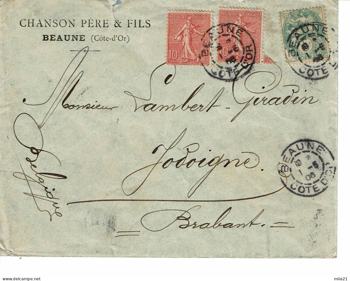 Timbres Françe  111 - 129  Sur  Lettre  Pour  JODOIGNE - Cartas & Documentos