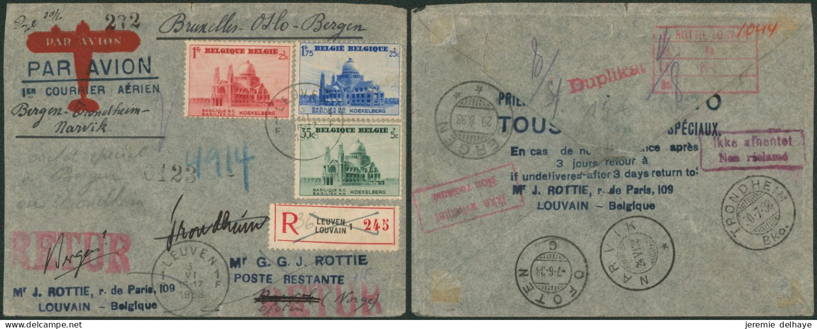 N°472, 474/75 Sur Lettre Par Avion En Recommandé De Leuven (1938) > Poste Restante à Narvik (Norvège) Suivi Ofoten / Ret - Lettres & Documents