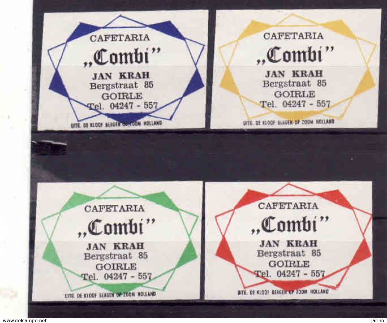 4 Dutch Matchbox Labels, GOIRLE - North Brabant, Cafetaria "Combi", Jan Krah, Holland, Netherlands - Zündholzschachteletiketten