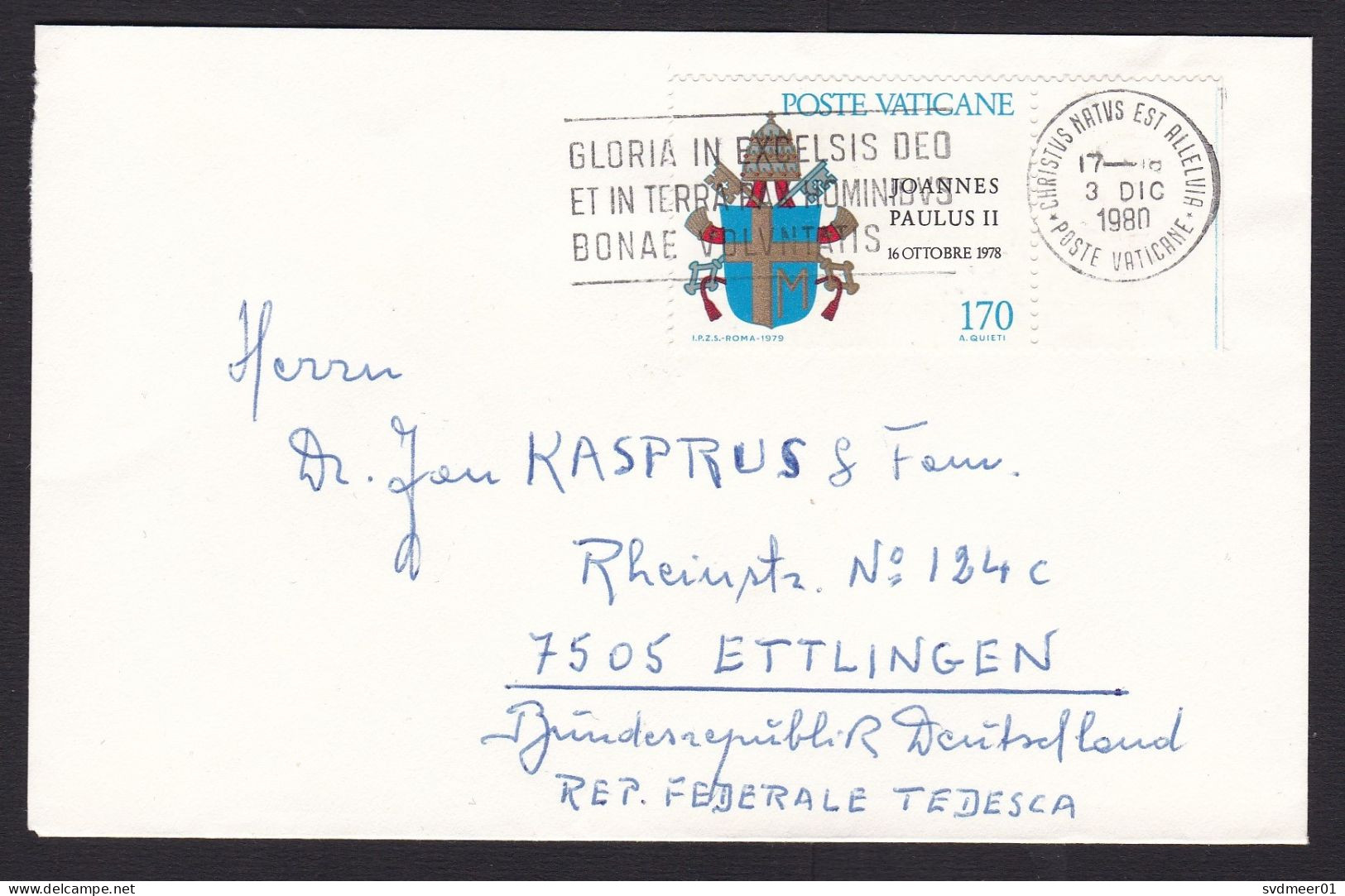 Vatican: Cover To Germany, 1980, 1 Stamp, Heraldry, Pope John Paul II, Religion (traces Of Use) - Brieven En Documenten