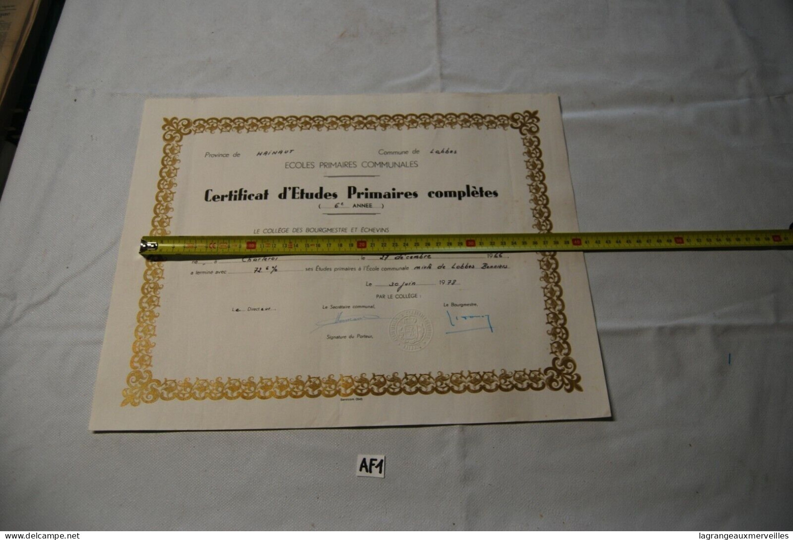 AF1 Certificat D'école Primaire - LOBBES - Charleroi - 1978 - Diploma's En Schoolrapporten
