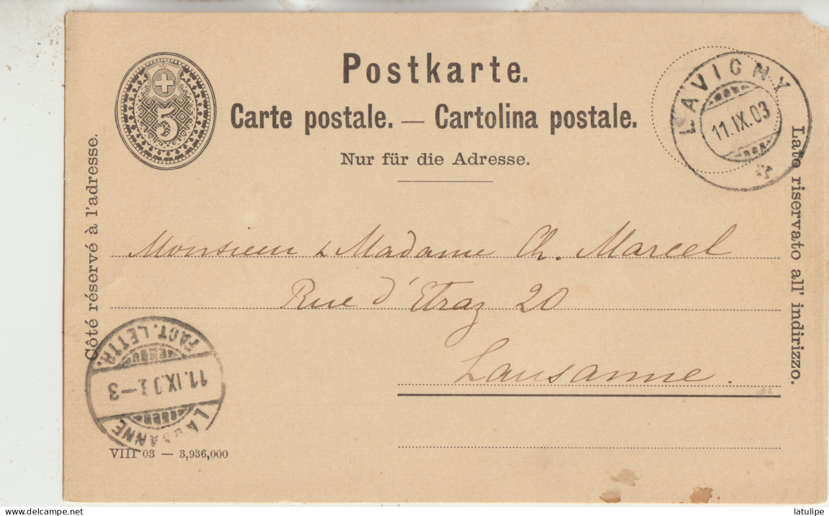 Carte  Adressé A Mr  Mme   Marcel Rue D'Etraz 20  A Lausanne_Lavigny - Lavigny