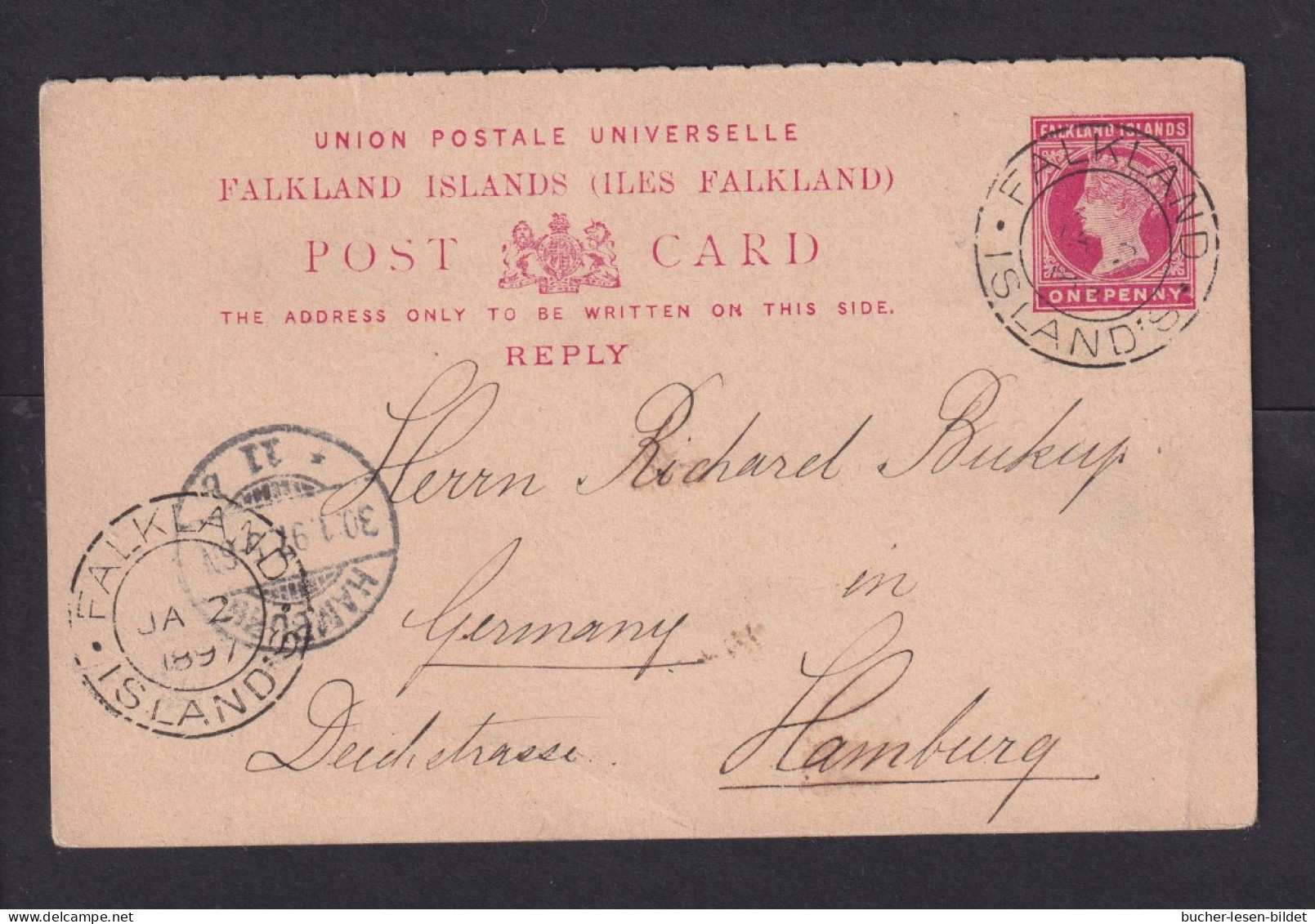 1897 - 1 P. Antwort-Ganzsache (P 4A) Nach Hamburg - Falklandinseln