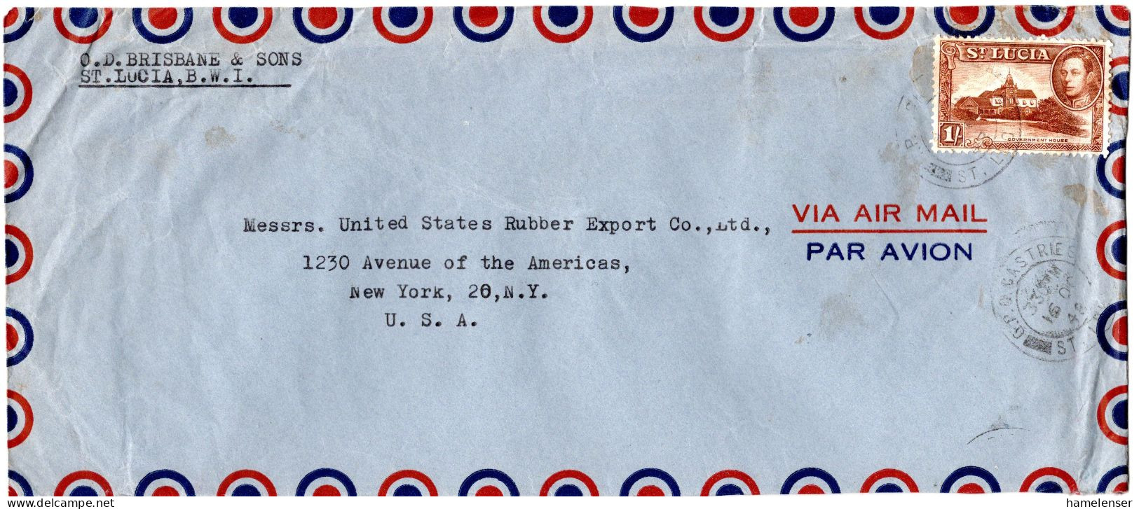 L77267 - St.Lucia - 1948 - 1'- KGVI EF A LpBf CASTRIES -> New York, NY (USA) - St.Lucia (...-1978)