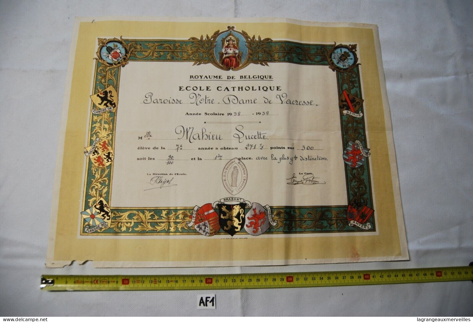 AF1 Ancien Diplôme - école De Vacresse - 1939 - Diploma's En Schoolrapporten