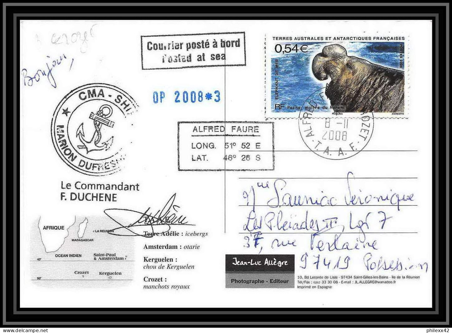 2800 Sea Elephant Terres Australes (taaf)-carte Postale Dufresne 2 Signé Signed Op 2008/3 Crozet N°511 8/11/2008 - Antarctic Expeditions