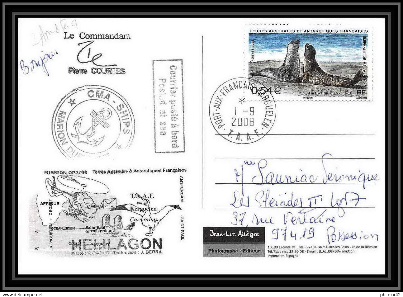 2798 Helilagon Terres Australes (taaf)-carte Postale Dufresne 2 Signé Signed Op 2008/2 TREGUER 1/9/2008 N°509 ST PAUL - Helicopters