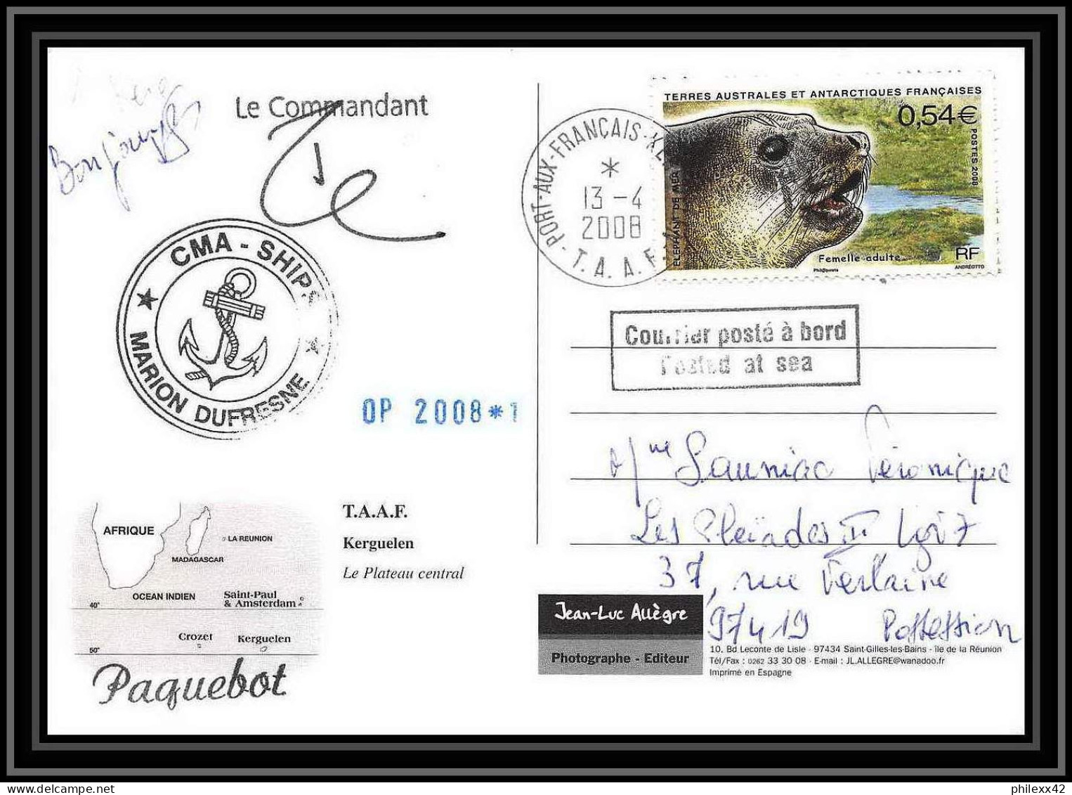 2794 ANTARCTIC Terres Australes (taaf)-carte Postale Dufresne 2 Signé Signed Op 2008/1 Kerguelen N°508 Sea Elephant - Cartas & Documentos