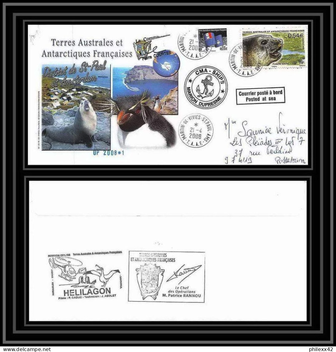 2788 Helilagon Terres Australes TAAF Lettre Cover Dufresne 2 Signé Signed Op 2008/1 ST PAUL 2008 N°508 Sea Elephant - Helicópteros