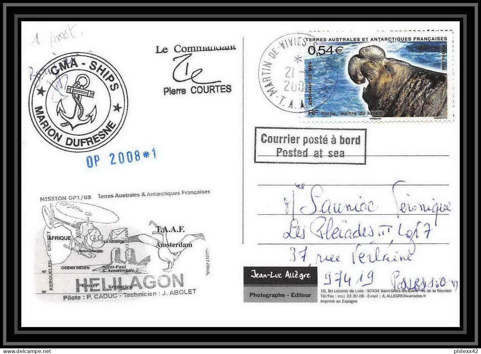 2795 Helilagon Terres Australes (taaf)-carte Postale Dufresne 2 Signé Signed Op 2008/1 ST PAUL N°511 Sea Elephant - Helicópteros