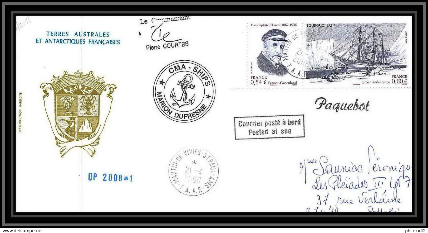 2789 Helilagon Terres Australes TAAF Lettre Cover Dufresne 2 Signé Signed Op 2008/1 ST PAUL 21/4/2008 PAQUEBOT - Hélicoptères