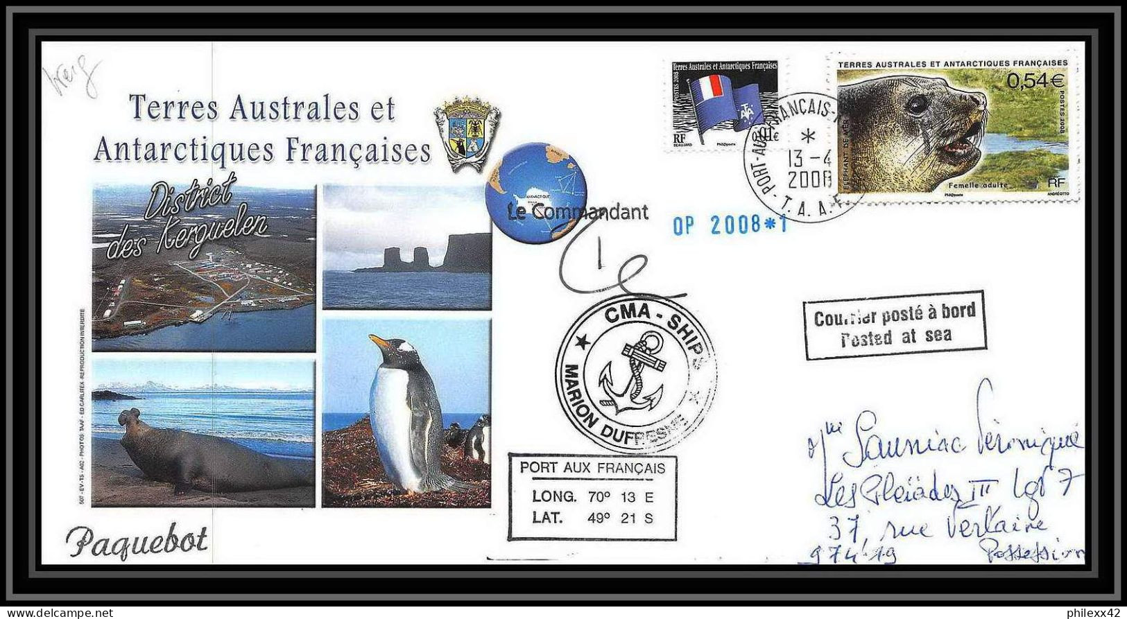 2783 Helilagon Terres Australes TAAF Lettre Cover Dufresne 2 Signé Signed Op 2008/1 Kerguelen 2008 N°508 Sea Elephant - Hélicoptères