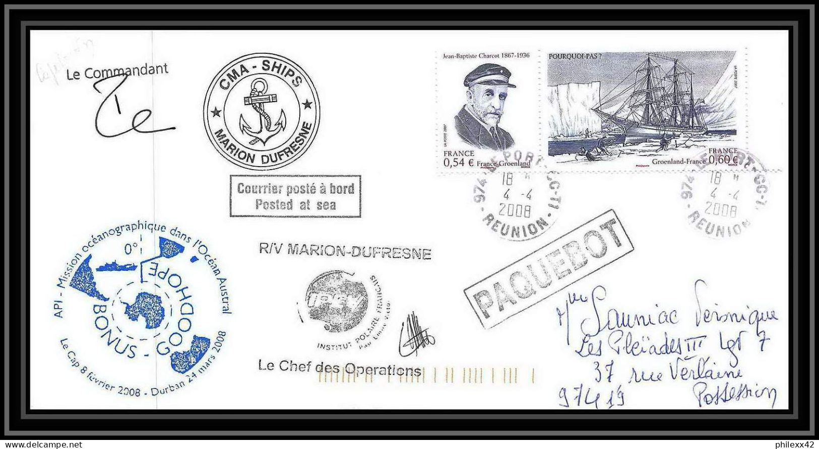 2775 ANTARCTIC Terres Australes TAAF Lettre Cover Dufresne 2 Signé Signed Capetown 4/4/2008 - Expediciones Antárticas