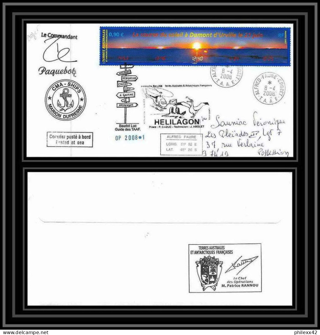 2779 Helilagon Terres Australes TAAF Lettre Cover Dufresne 2 Signé Signed Op 2008/1 Crozet N°477 8/4/2008 - Helicopters