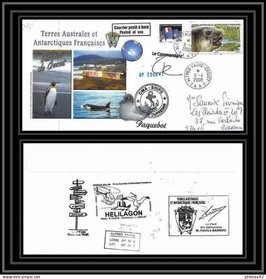 2778 Helilagon Terres Australes TAAF Lettre Cover Dufresne 2 Signé Signed Op 2008/1 Crozet N°508 8/4/2008 Sea Elephant - Hubschrauber