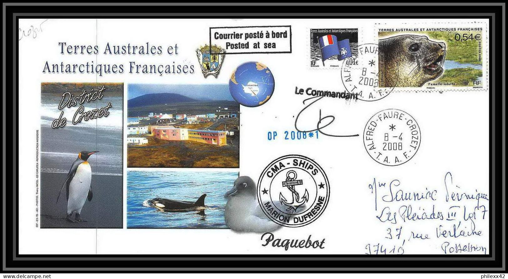 2778 Helilagon Terres Australes TAAF Lettre Cover Dufresne 2 Signé Signed Op 2008/1 Crozet N°508 8/4/2008 Sea Elephant - Hélicoptères