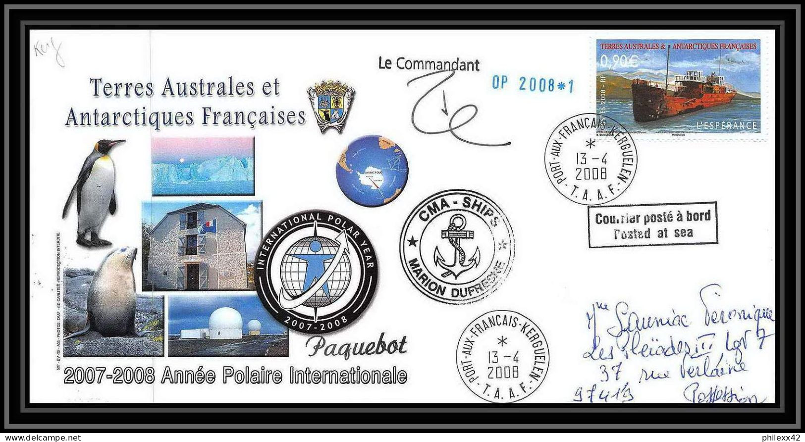 2782 Helilagon Terres Australes TAAF Lettre Cover Dufresne 2 Signé Signed Op 2008/1 Kerguelen 13/4/2008 N°503 - Hélicoptères