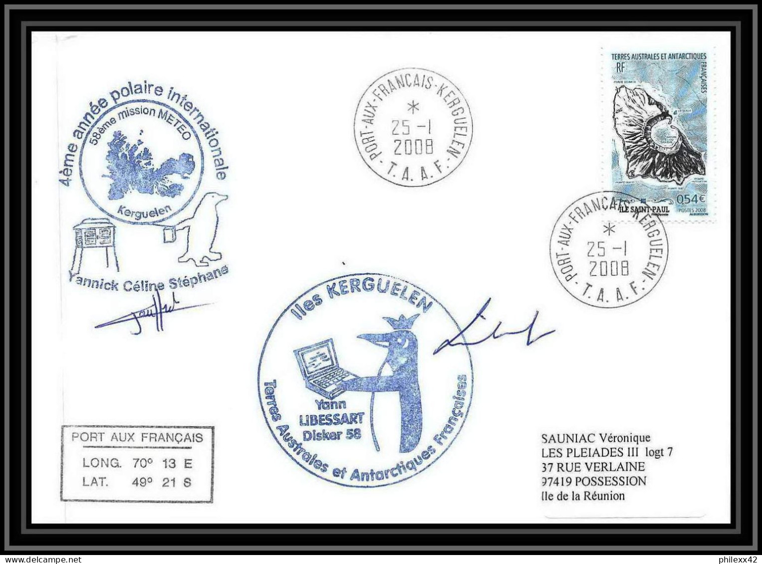 2767 ANTARCTIC Terres Australes TAAF Lettre Cover Dufresne 2 Signé Signed N°506 25/1/2008 58 ème Mission Météo - Expéditions Antarctiques