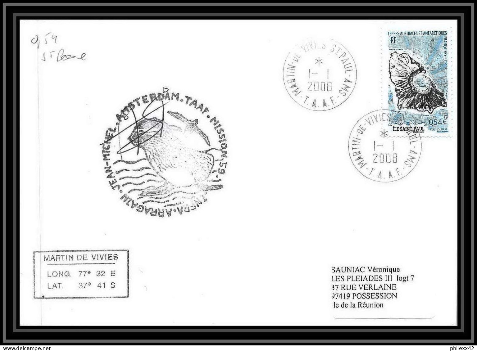 2765 ANTARCTIC Terres Australes TAAF Lettre Cover Dufresne 2 Signé Signed ST PAUL N°506 Mission 59 1/1/2008 - Antarktis-Expeditionen