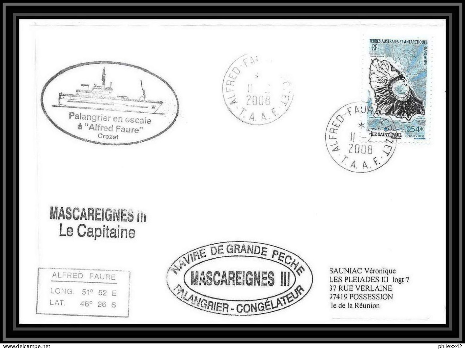 2766 ANTARCTIC Terres Australes TAAF Lettre Cover Dufresne 2 Signé Signed N°506 MASCAREIGNES 3 Escale 11/2/2008 - Antarktis-Expeditionen