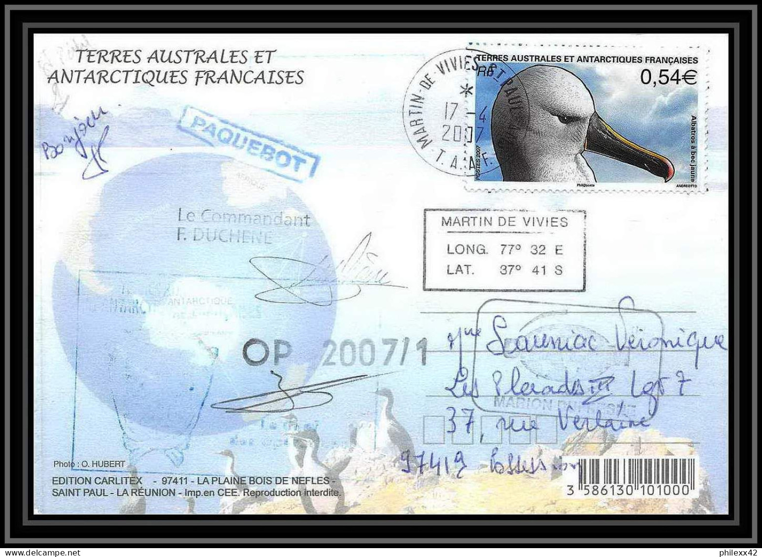 2756 ANTARCTIC Terres Australes (taaf)-carte Postale Dufresne 2 Signé Signed Op 2007/1 N°467 ST PAUL 17/4/2007 - Storia Postale