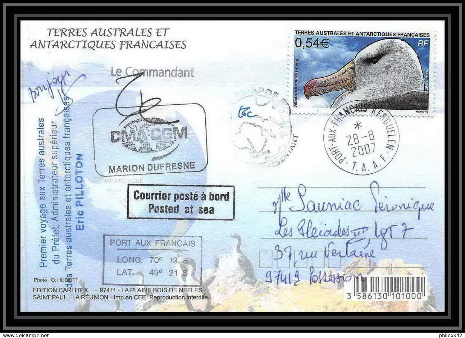 2758 ANTARCTIC Terres Australes (taaf)-carte Postale Dufresne 2 Signé Signed Op 2007/2 N°466 KERGUELEN 28/8/2007 - Lettres & Documents