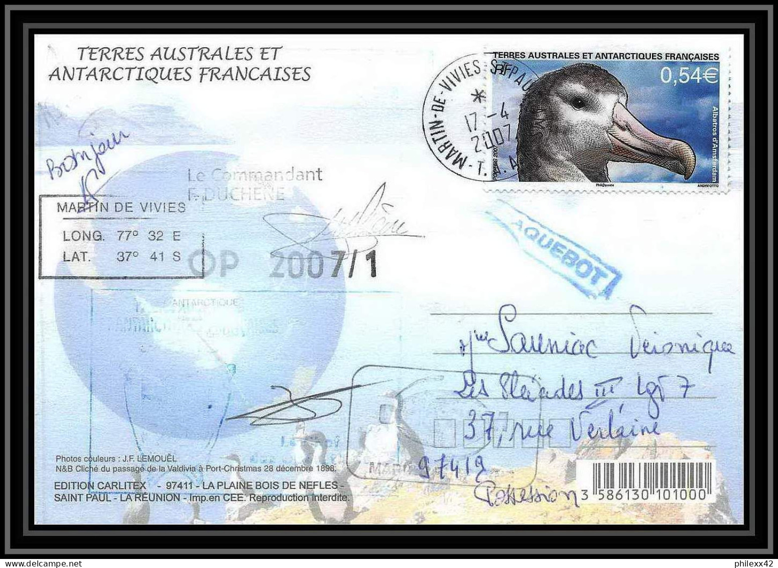 2755 ANTARCTIC Terres Australes (taaf)-carte Postale Dufresne 2 Signé Signed Op 2007/1 N°464 KERGUELEN 17/4/2007 - Antarctic Expeditions