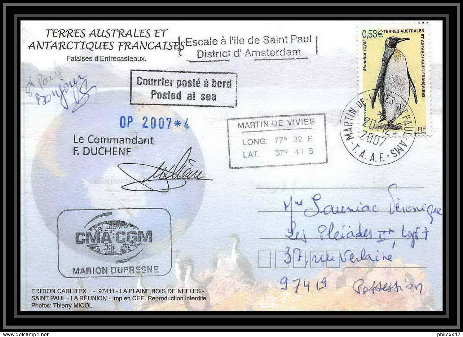 2752 ANTARCTIC Terres Australes (taaf)-carte Postale Dufresne 2 Signé Signed Op 2007/4 N°446 ST PAUL 20/12/2007 - Briefe U. Dokumente