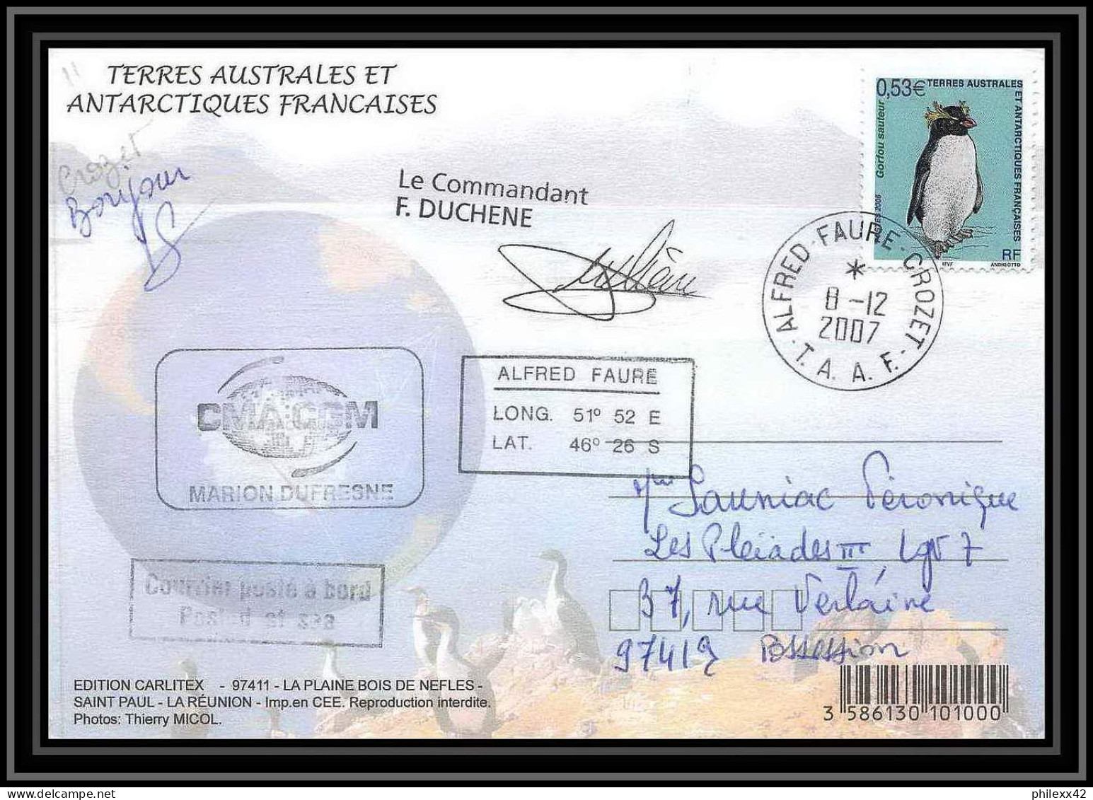 2751 ANTARCTIC Terres Australes (taaf)-carte Postale Dufresne 2 Signé Signed Op 2007/4 N°450 CROZET 11/12/2007 - Antarctic Expeditions