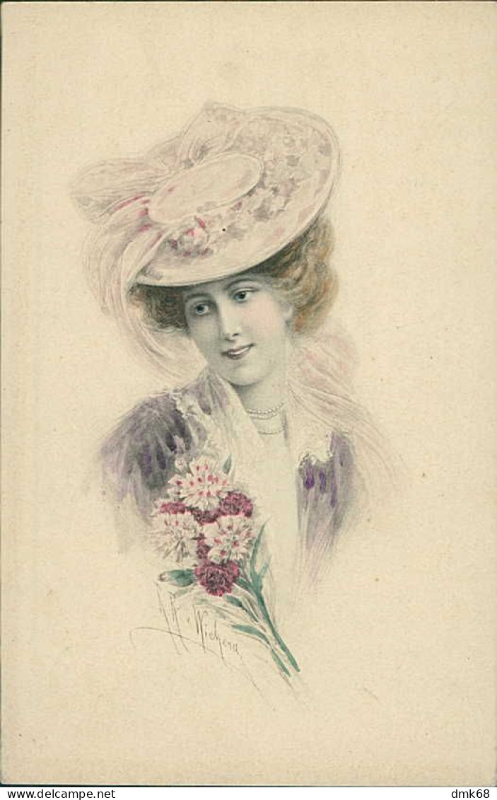 M.M. VIENNE / M. MUNK 1900s ART NOUVEAU POSTCARD SIGNED WICHERA  - WOMAN & FLOWERS - N.450 (5520) - Vienne