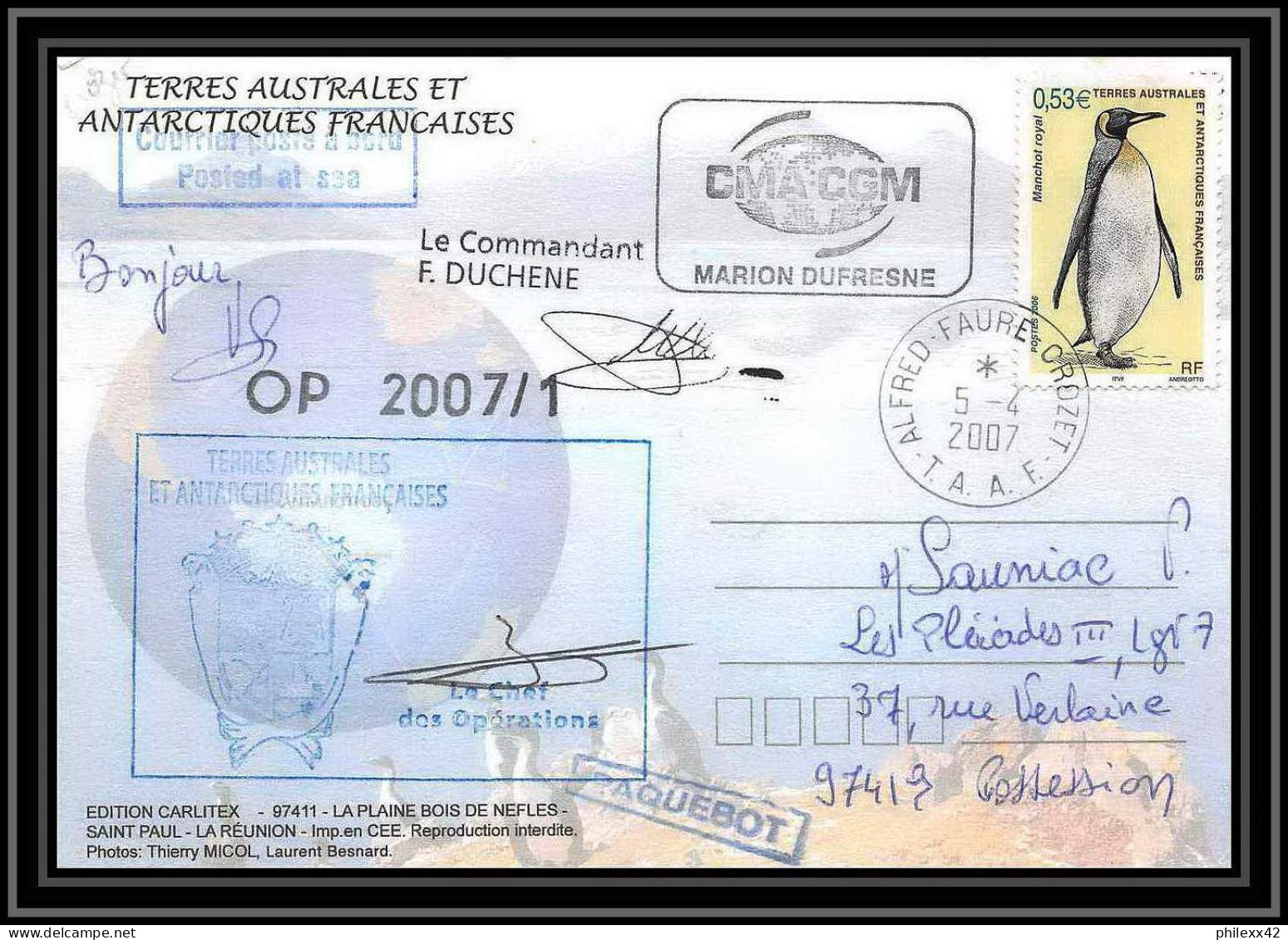 2742 ANTARCTIC Terres Australes (taaf)-carte Postale Dufresne 2 Signé Signed Op 2007/1 N°446 CROZET 5/4/2004 - Expéditions Antarctiques