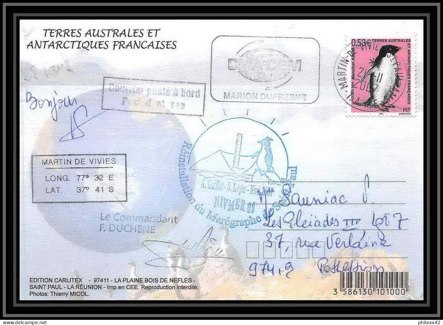 2750 ANTARCTIC Terres Australes (taaf)-carte Postale Dufresne 2 Signé Signed Op 2007/3 N°448 ST PAUL 21/11/2007 - Storia Postale