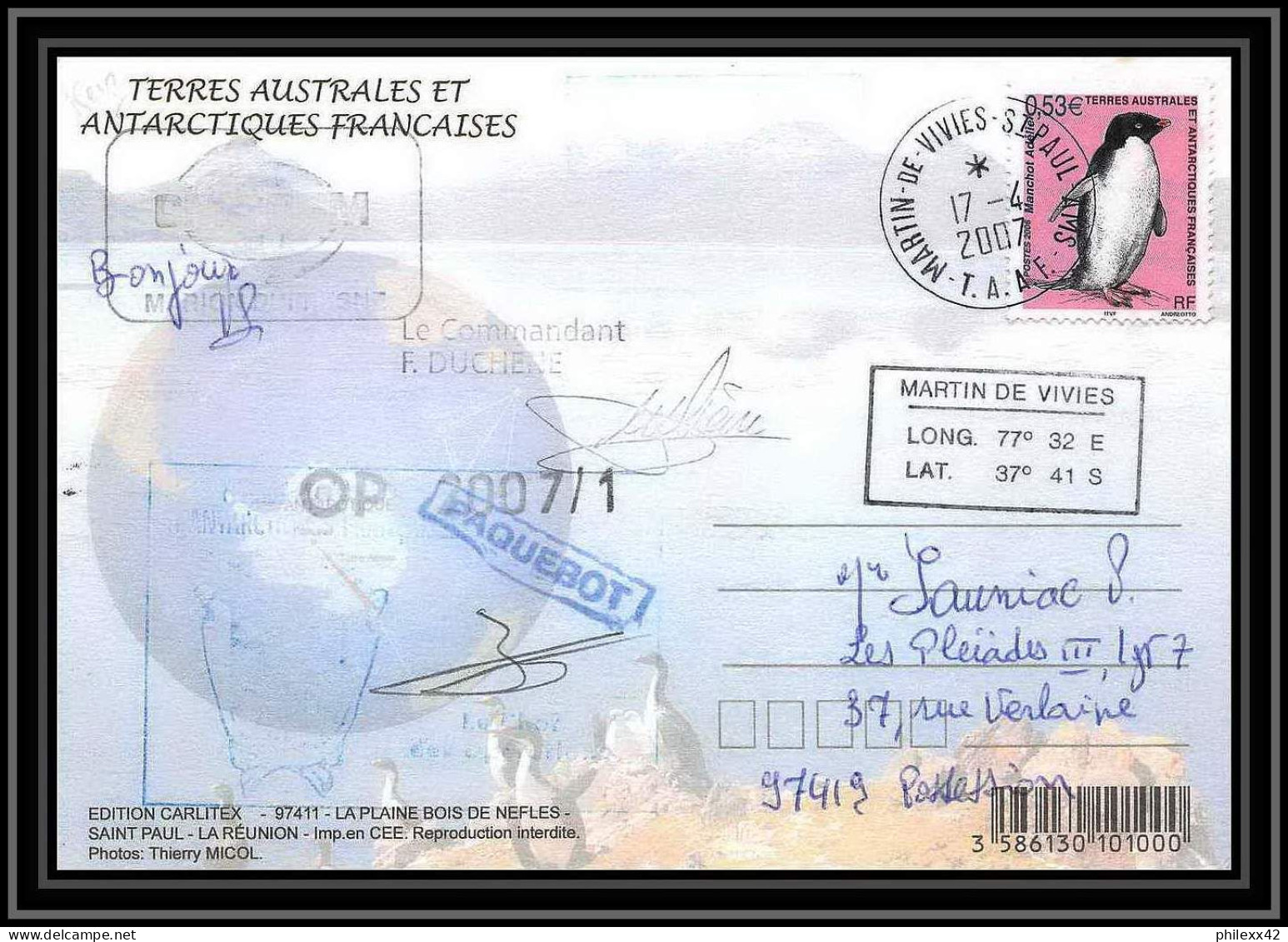 2743 ANTARCTIC Terres Australes (taaf)-carte Postale Dufresne 2 Signé Signed Op 2007/1 N°448 KERGUELEN 17/4/2007 - Storia Postale