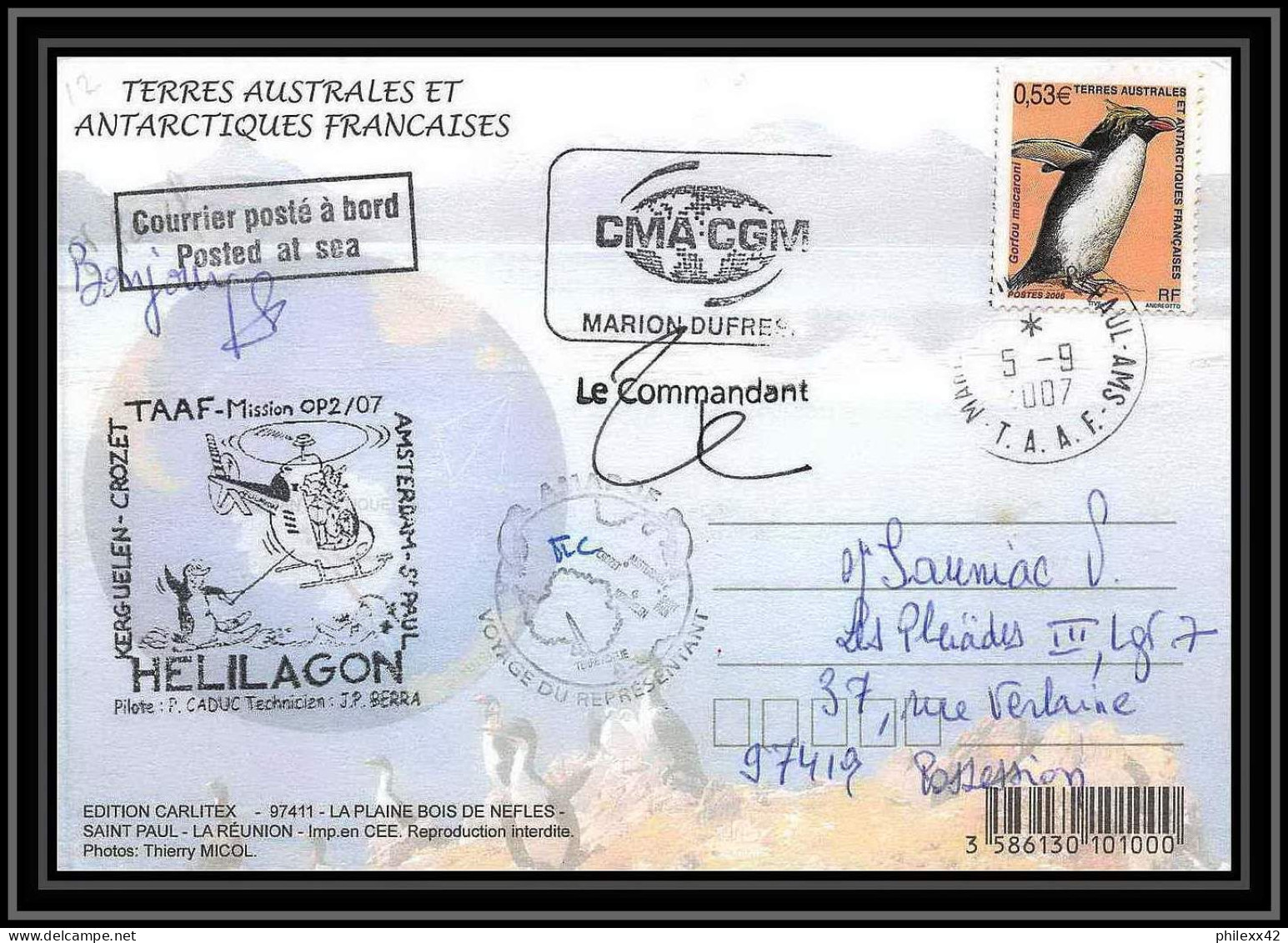 2747 Helilagon Terres Australes (taaf)-carte Postale Dufresne 2 Signé Signed Op 2007/2 N°449 ST PAUL 5/9/2007 - Elicotteri