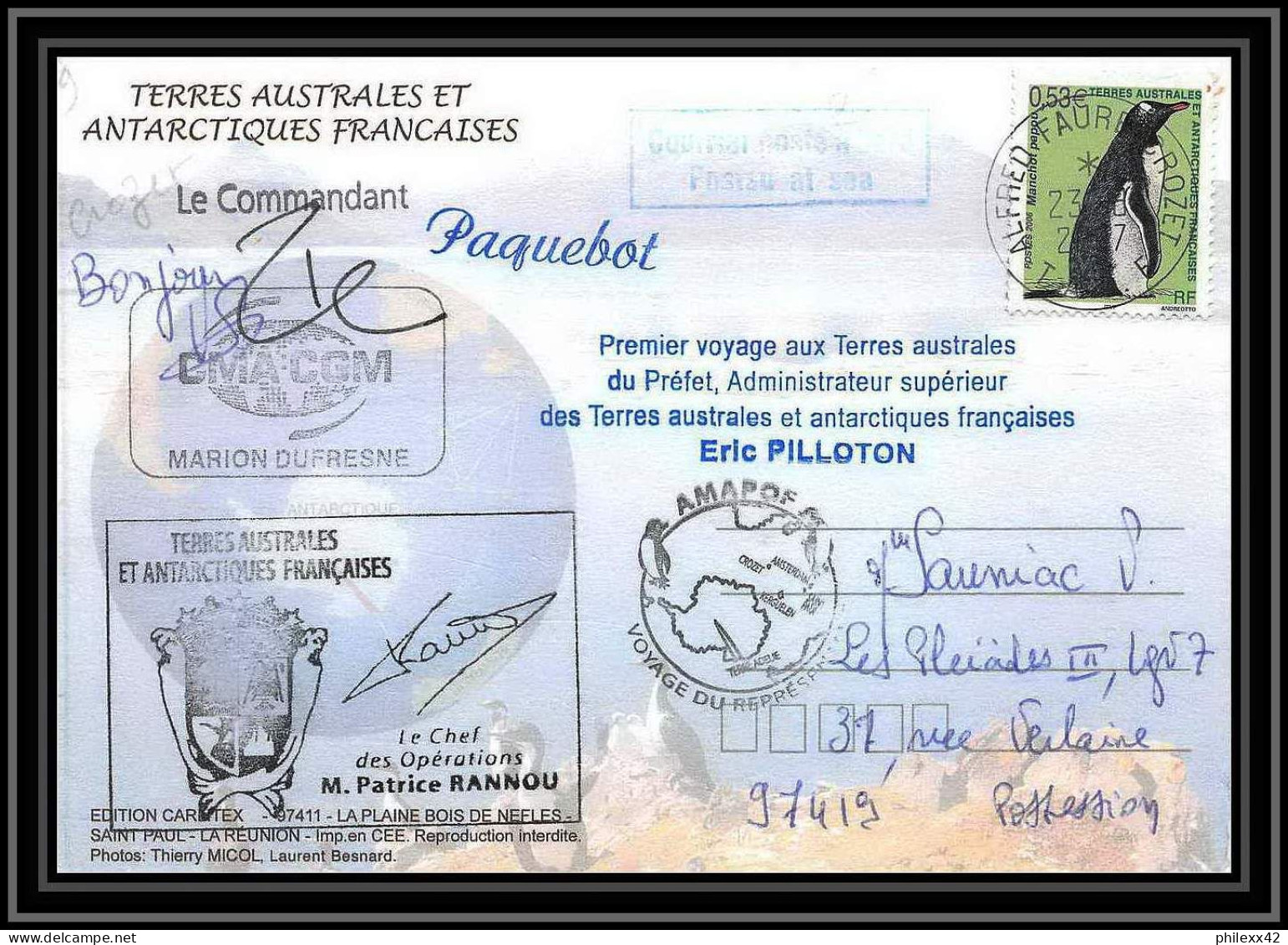 2745 ANTARCTIC Terres Australes (taaf)-carte Postale Dufresne 2 Signé Signed Op 2007/2 N°447 CROZET 23/8/2007 - Storia Postale