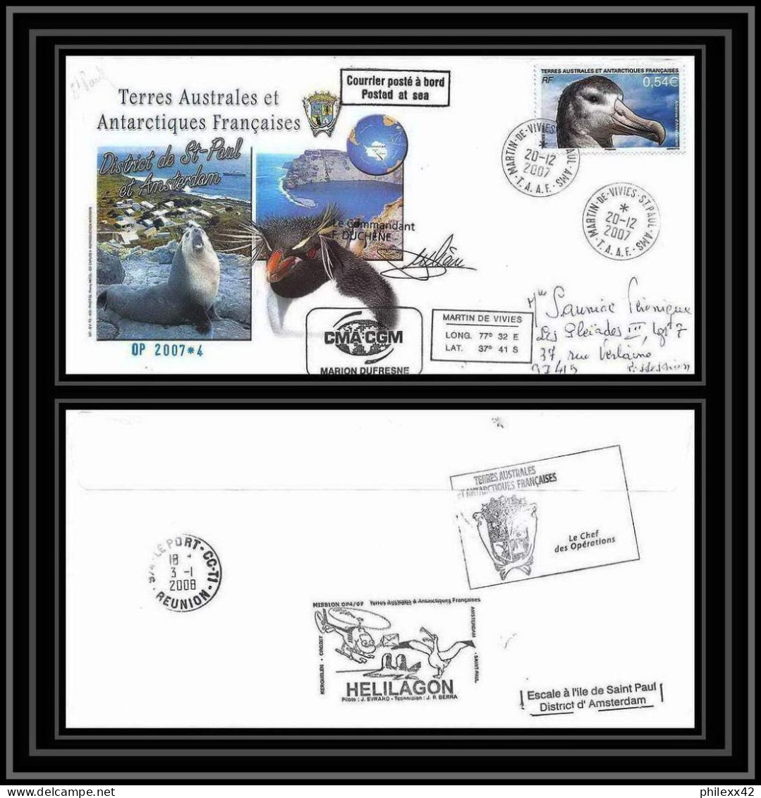 2738 Helilagon Terres Australes TAAF Lettre Cover Dufresne 2 Signé Signed Année Polaire ST PAUL N°465 2007 Albatros - Helicopters