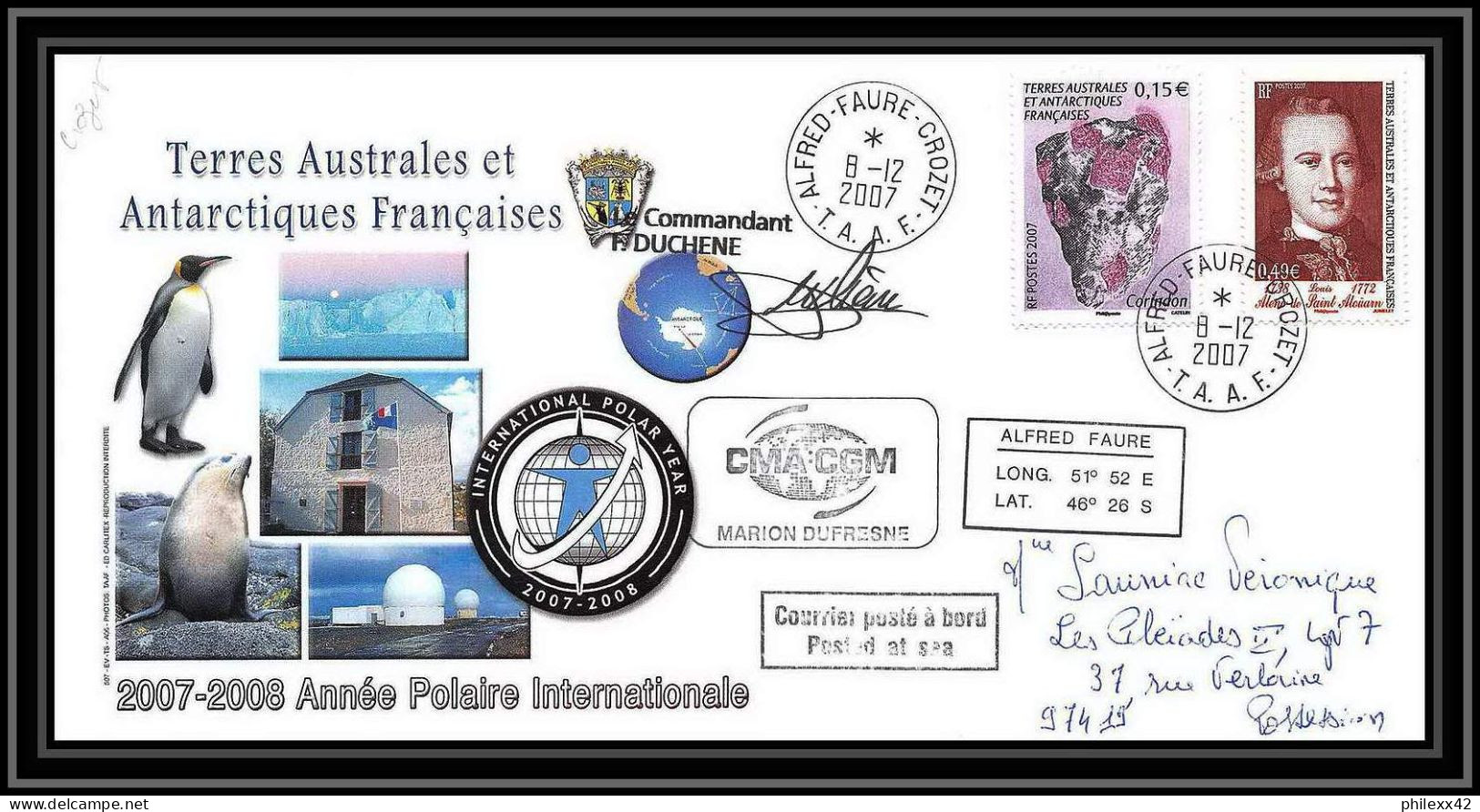 2732 Helilagon Terres Australes TAAF Lettre Cover Dufresne 2 Signé Signed Année Polaire Crozet N°453+454 8/12/2007 - Helicópteros