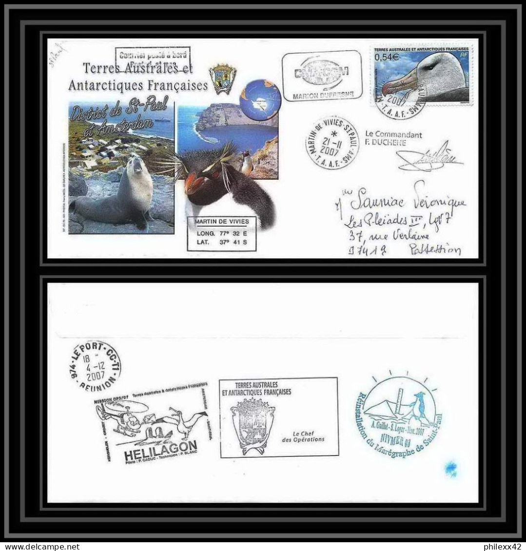 2727 Helilagon Terres Australes TAAF Lettre Cover Dufresne 2 Signé Signed Marégraphe N°466 21/11/2007 St Paul - Helicopters