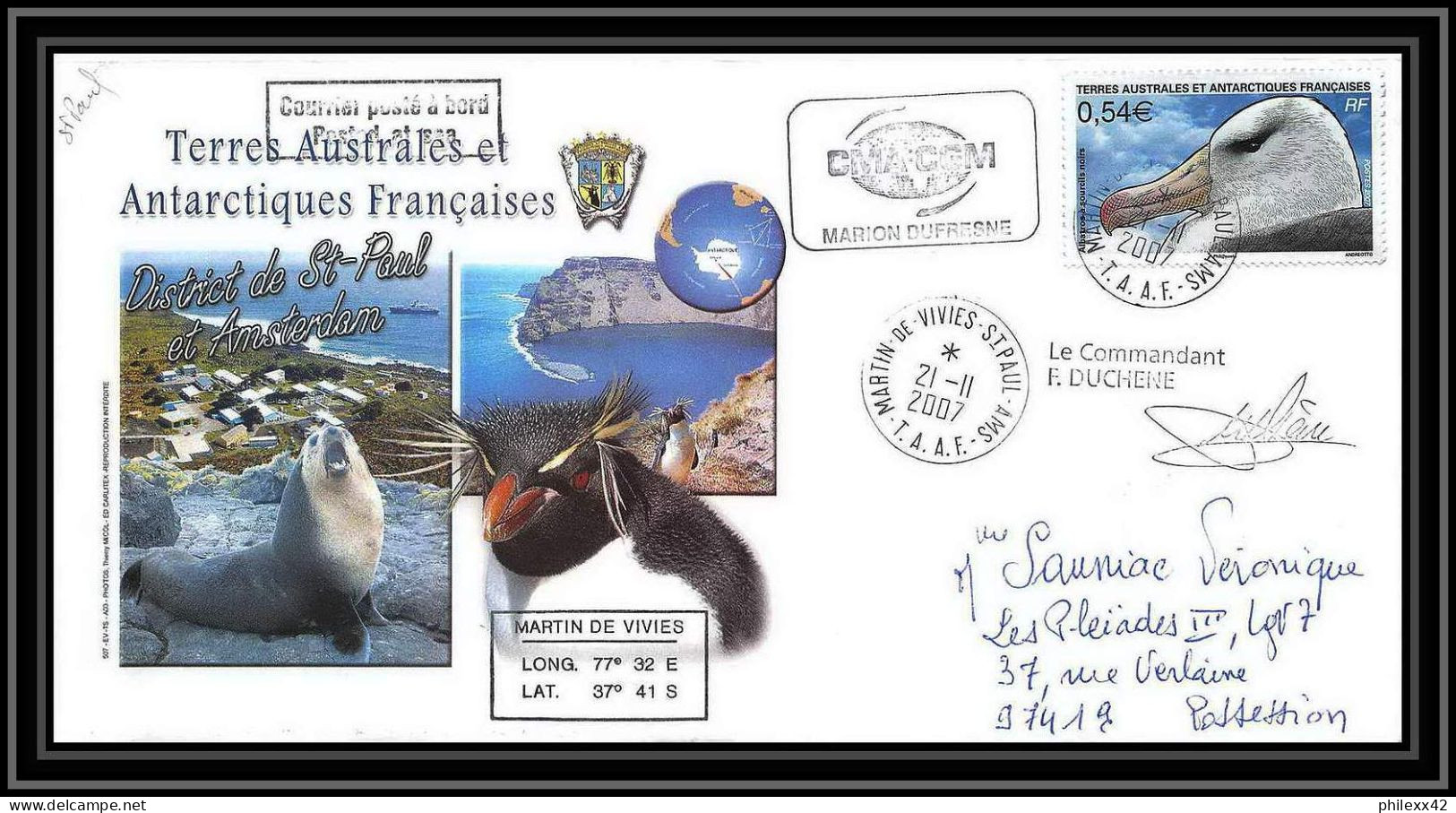 2727 Helilagon Terres Australes TAAF Lettre Cover Dufresne 2 Signé Signed Marégraphe N°466 21/11/2007 St Paul - Hélicoptères