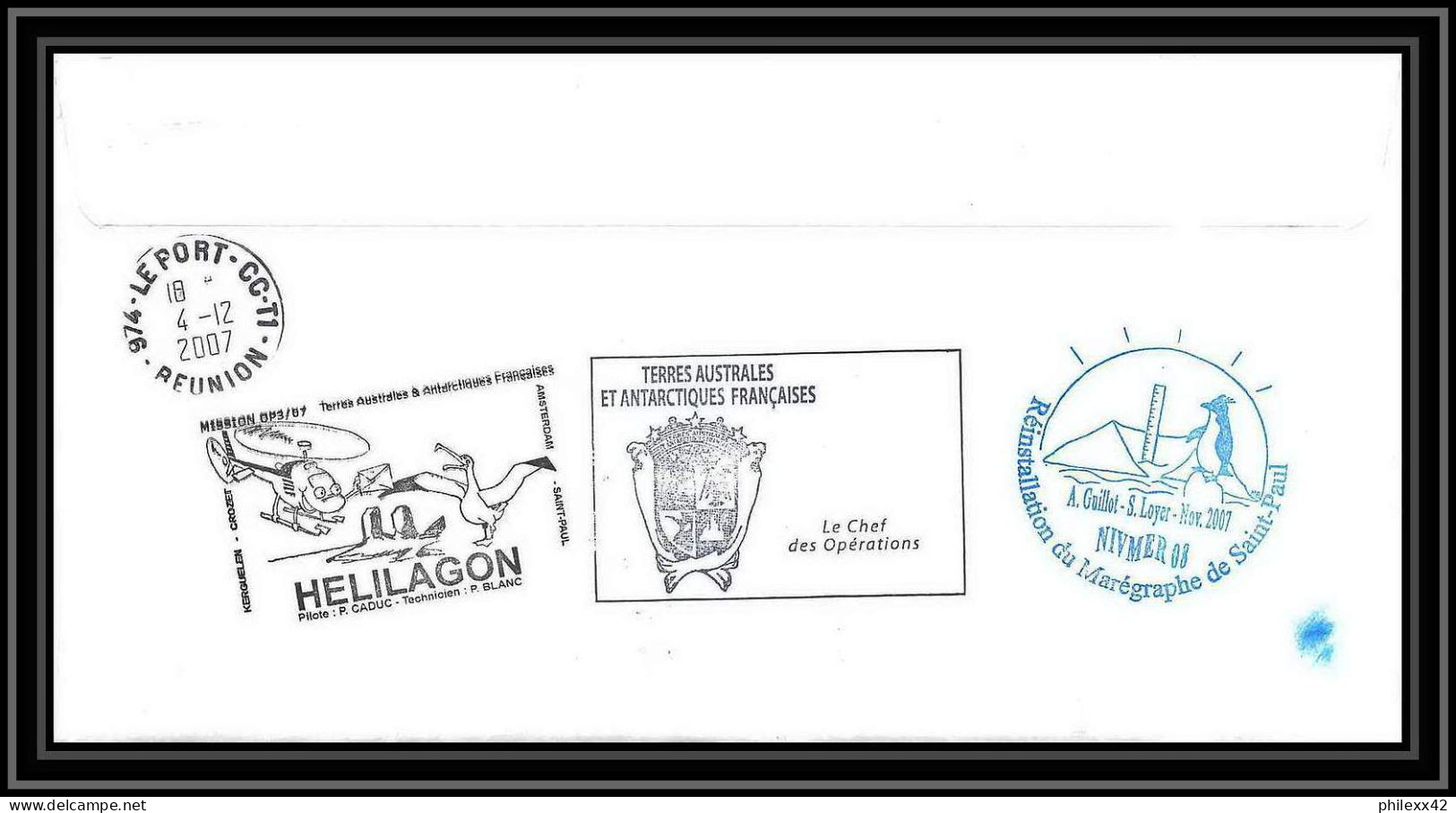 2727 Helilagon Terres Australes TAAF Lettre Cover Dufresne 2 Signé Signed Marégraphe N°466 21/11/2007 St Paul - Helicópteros