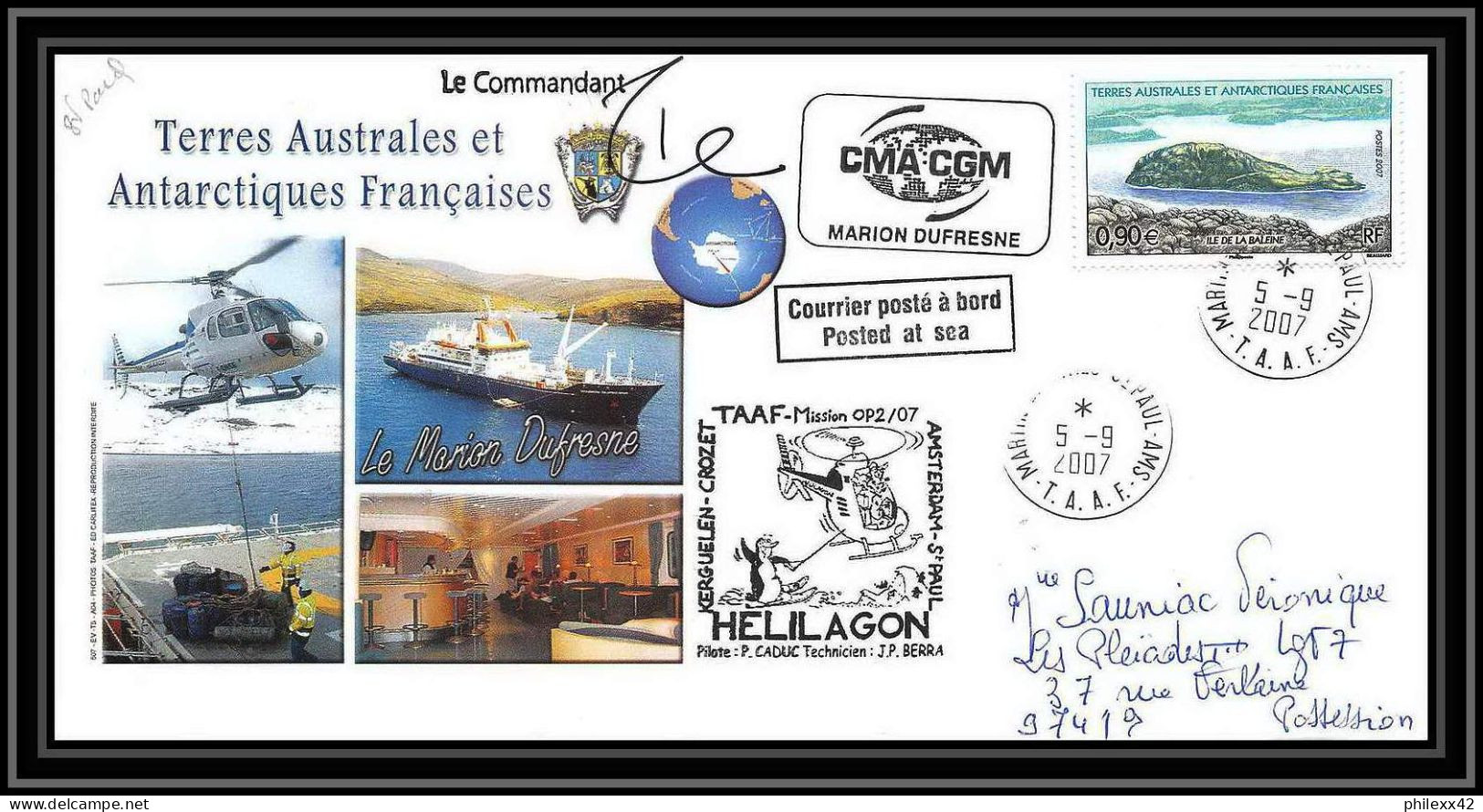 2714 ANTARCTIC Terres Australes TAAF Lettre Cover Dufresne 2 Signé Signed Op 2007/2 St Paul N°455 Helilagon - Helicópteros